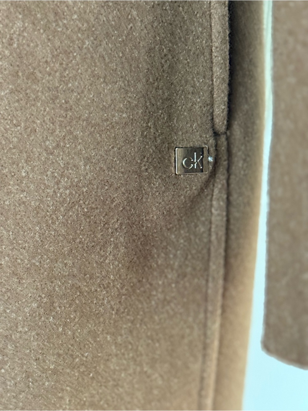 Calvin Klein Camel Brown Wool Blend Stand Collar Mid Length Coat NWOT Sz Large - Picture 7 of 15